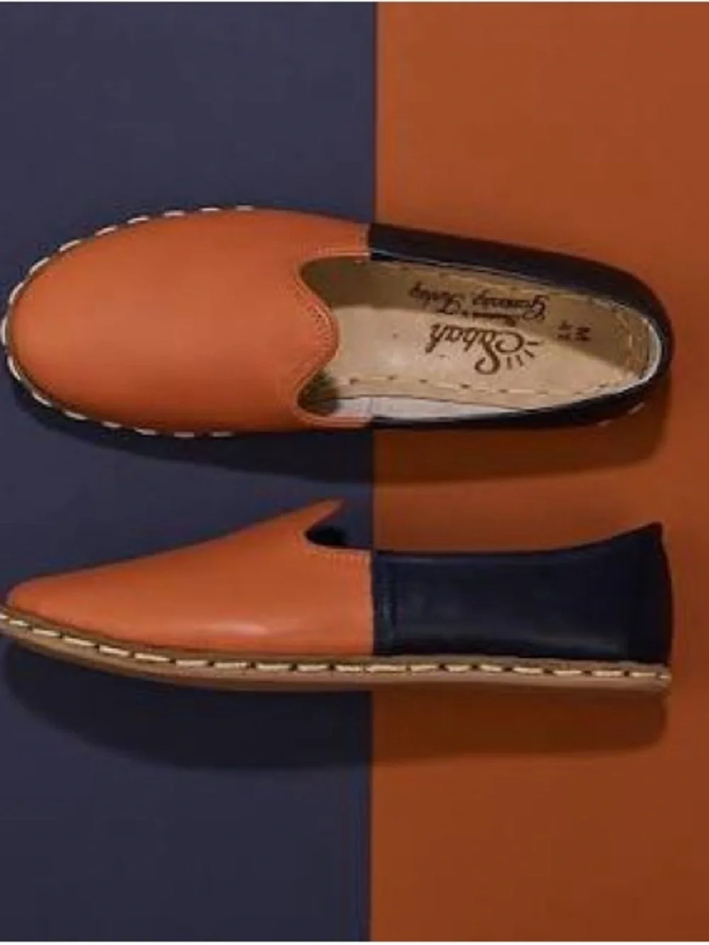 Sabah Two-Tone slip on Shoes in Camel and Navy